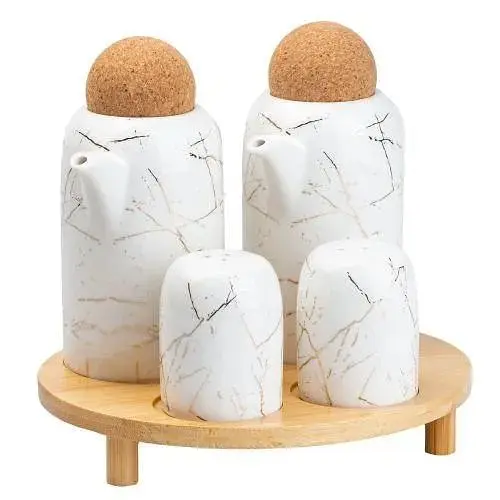 Набір баночок для спецій та рідини JA7841 органайзер 4 предмети для спецій з дерев'яною підставкою Білий - фото 1