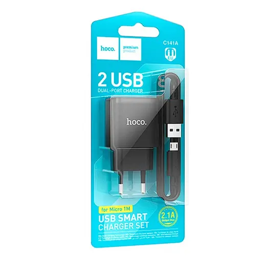 Зарядное устройство Hoco C141A Smart универсальный блок питания зарядный адаптер с кабелем MicroUSB 2 порта USB 10,5 Вт Черный - фото 2