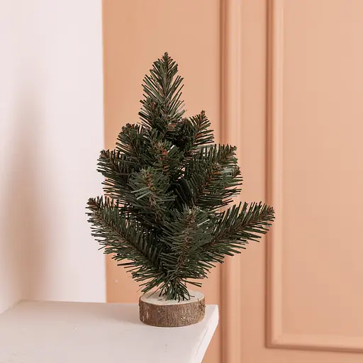 Штучна новорічна декоративна міні ялинка «Полонинська» зелена на дерев'яній підставці 25 см Lugi SOK-M-03-1