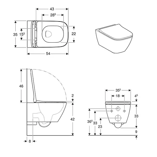 Унитаз подвесной Geberit Smyle Square Rimfree 500.683.00.2 с сидением Soft Close, Белый - фото 2