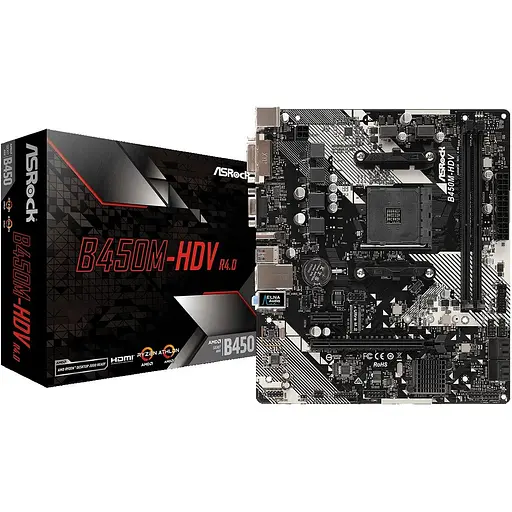 Материнская плата AsRock AM4 (B450) B450M-HDV R4.0, B450, 2xDDR4, Int.Video(CPU), 4xSATA3, 1xM.2, 1xPCI-E 16x 3.0, 1xPCI-E 1x8. 6xUSB3.1/4xUSB2.0, VGA/DVI-D/HDMI, mATX - фото 2