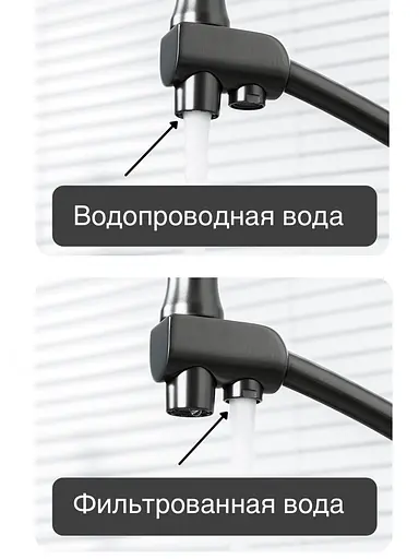 Смеситель для кухни высокий силиконовый гусак под фильтр латунный корпус гайка Ø35 черный/сталь Gappo G4398-19 Черный матовый - фото 6