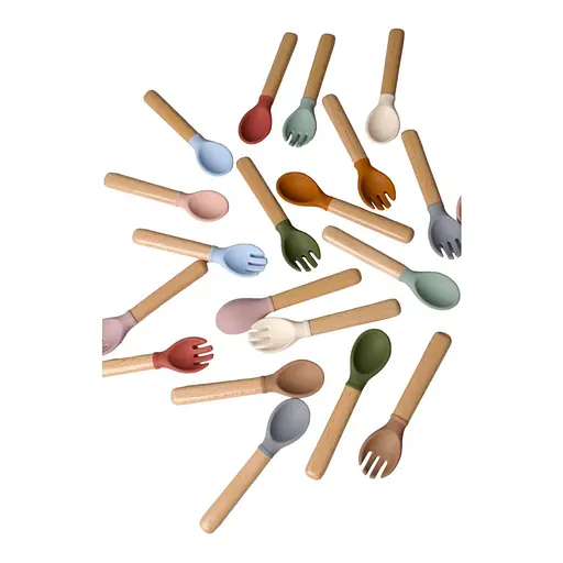 Приборы силиконовые детские OldBro ложка и вилка с деревянной ручкой, mix collors - фото 2
