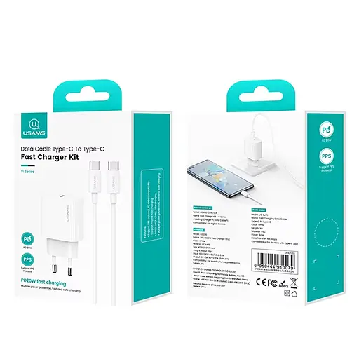 МЗП Usams US-CC226 Kit-Yi Ser. 20W (1USB-C) + кабель Type-C to Type-C White - фото 6