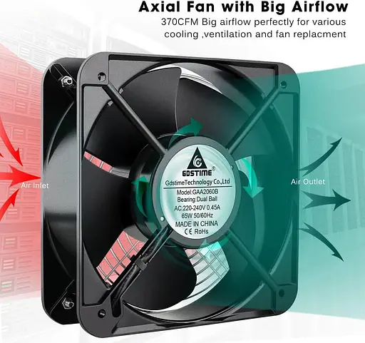 Осевой охлаждающий вентилятор GDSTIME 200 x 60 мм ОAC 220 V 240 V Dual Ball Industrial 370 CFM - фото 5