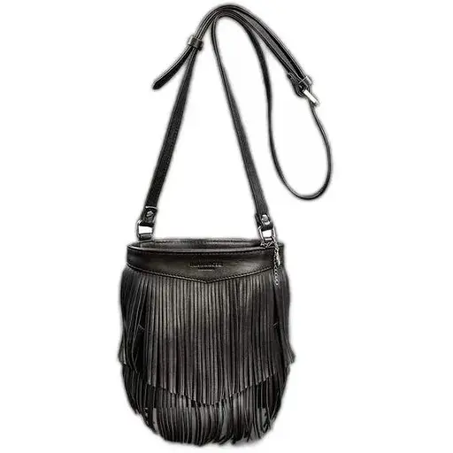 Шкіряна жіноча сумка з бахромою міні-кроссбоді Fleco чорна краст - фото 1