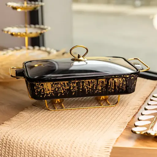 Мармитница прямоугольная Yiwu 2 л со стеклянной крышкой на металлической подставке с подогревом 40х22.5х15.5 см черный мармит для первых блюд ML-874-15 - фото 2