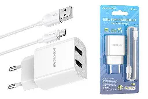 Зарядний пристрій із кабелем Micro Borofone BA53A Powerway 2 USB 2.1A біле - фото 2
