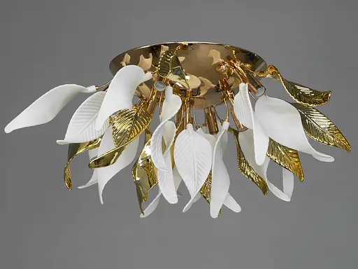 Красивая люстра с керамическими элементами под потолок, 10 ламп, золото. - фото 1