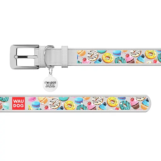 Нашийник для собак шкіряний Waudog Design з QR-паспортом "Пончики" XS Ш 12 мм Д 20-28 см білий - фото 3