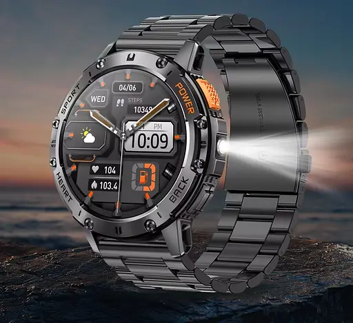 Тактичні смарт годинник з ліхтариком LEMFO K65 сталевий ремінець Black (17452) - фото 2