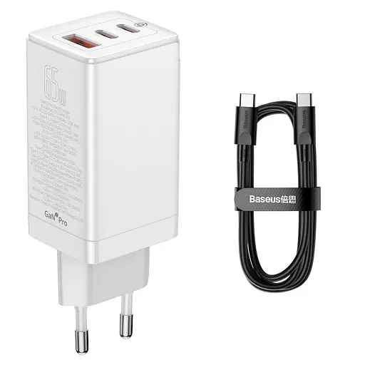 Зарядное устройство Baseus 65W GaN3 Pro + кабель 100W USB Type C white CCGP050102 - фото 1