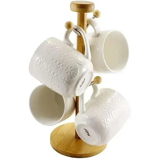 Набір чайний Interos з 4 предметів порцелянових чашок на дерев'яній стійці 340 мл PJ02118