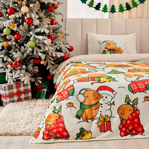 Плед Love You Капибарки и снеговики 150x200 см велсофт молочный с принтом (9118) - фото 3