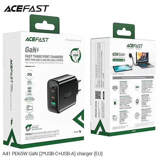 Зарядное устройство Acefast GaN A41 3 выхода 2*Type-C и 1*USB 65W белое - фото 6