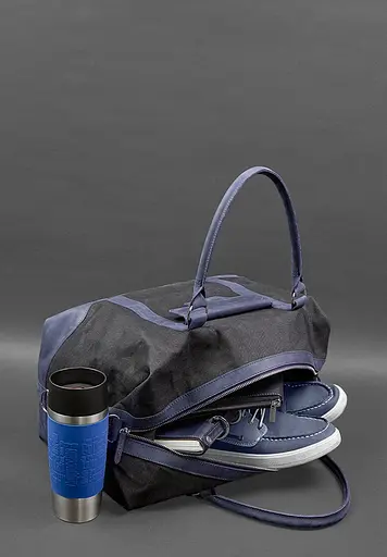 Дорожная сумка из конваса и натуральной кожи Crazy Horse темно-синяя - фото 7