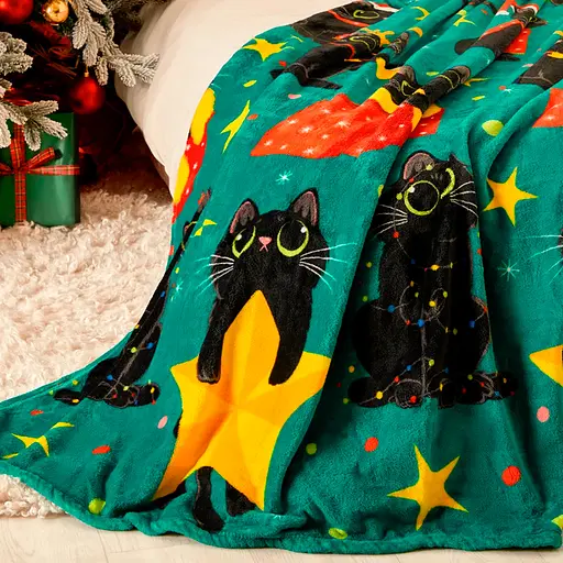 Плед Love You Зірки і котики 150x200 см велсофт зелений з принтом (9119) - фото 5