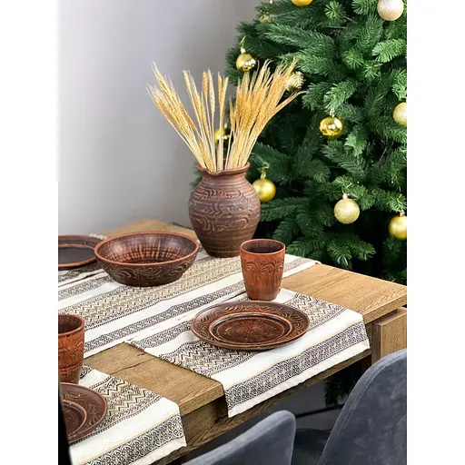 Комплект Різдвяний лляний з українським орнаментом Рандеву-2 Ранер 140х30 см + серветки 30х40 см 6 шт.