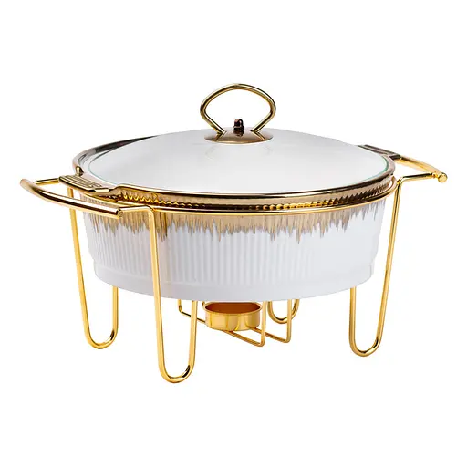 Мармит круглый 1.5 литра настольный с подогревом для блюд керамический на металлической подставке с крышкой Белый с золотым - фото 1