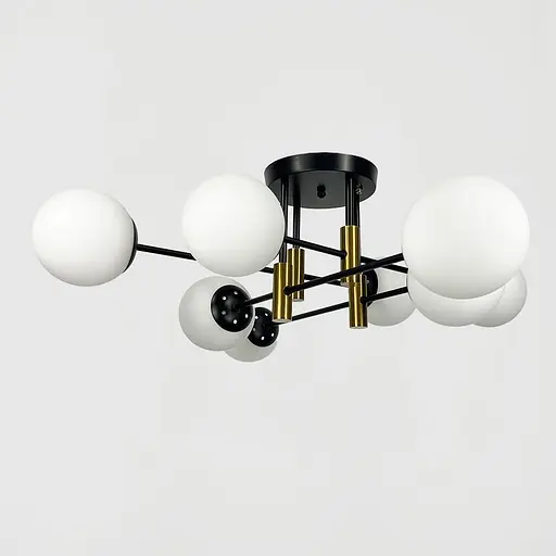 Стельова чорна люстра з латунною фурнітурою на 8 білих плафонів Ø 80 см | Line F | Арт. 81188/8 CP+BK+WT - фото 3