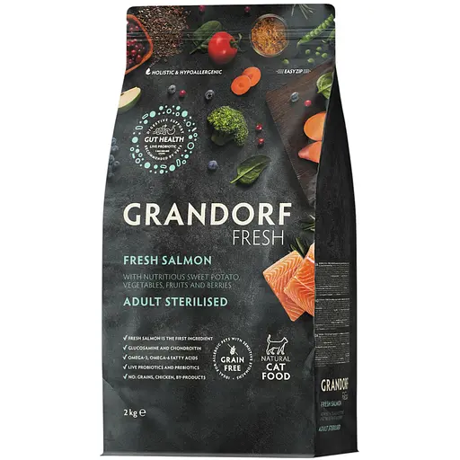 Сухой беззерновой корм для стерилизованных кошек Grandorf Fresh Salmon & Sweet Potato Adult Cat Sterilised лосось с бататом 2 кг - фото 1