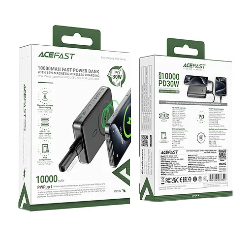 Зовнішній акумулятор ACEFAST M10-10000 PD30W magnetic wireless charging power bank with cable чорний - фото 2