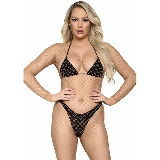 Бодистокинг в крупную сетку Leg Avenue Long Sleeved Bodystocking One size Nude длинный рукав