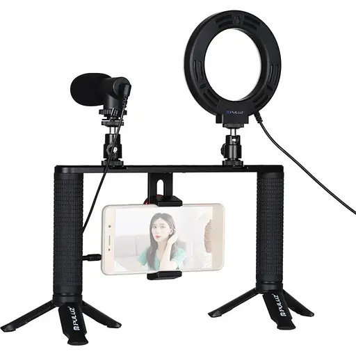 Комплект блогера Puluz PKT3028 4в1 (кільцеве світло, кріплення, тримач для телефону, мікрофон)