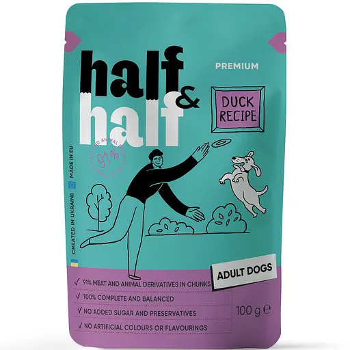 Набор влажных кормов Half & Half 5+1 для взрослых собак, кусочки с уткой в ​​соусе (6 шт. x 100 г) - фото 3