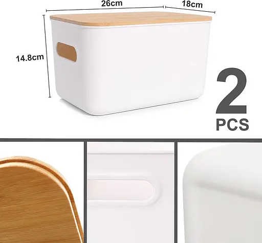 Коробка для зберігання Bienvoun 2 упаковки з дерев'яною кришкою пластикові ящики для зберігання штабеловані кошики для зберігання - фото 3
