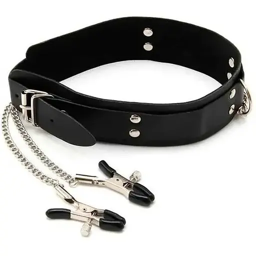 Нашийник сталевий BDSM з неперевершеними затискачами для сосків Чорний K000221
