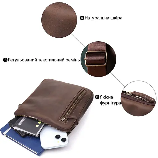 Практичная сумка для мужчин на плечо из натуральной винтажной кожи SHVIGEL 20х22х4 см sum0027429 - фото 4