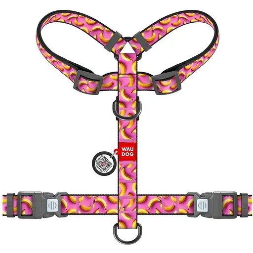 Шлея для собак Waudog Nylon анатомічна H-подібна з QR-паспортом, малюнок "Банани на рожевому", пластиковий фастекс, M - фото 2