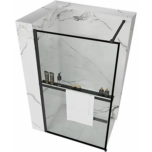 Душевая стенка Rea Bler 120 black с полкой Evo REA-K7631+HOM-00652, прозрачный, черный матовый - фото 1