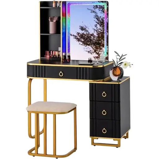 Туалетный столик Costway Vicci с пуфом + зеркало LED черный