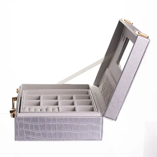 Скринька для прикрас з екошкіри 19 відділень із дзеркалом 23.5×14×8 см органайзер для прикрас Сірий Yiwu HP-5-20G - фото 8