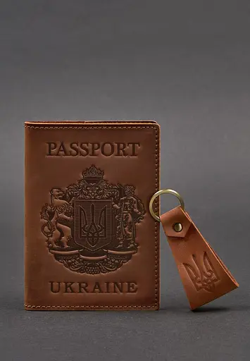 Подарочный набор кожаных аксессуаров с украинской символикой светло-коричневый. - фото 3