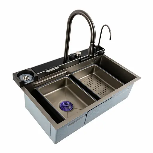 Кухонна мийка 75x45D PVD сіра Platinum Handmade Водоспад, Нержавіюча сталь - фото 8