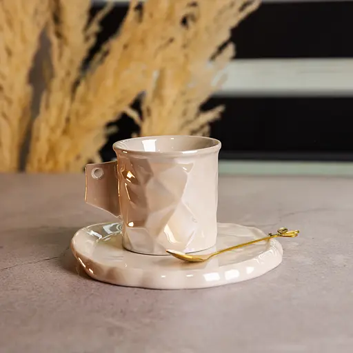 Чашка для кави порцелянова 200 мл з блюдцем і ложкою в дзеркальній глазурі білий FM-2B - фото 2