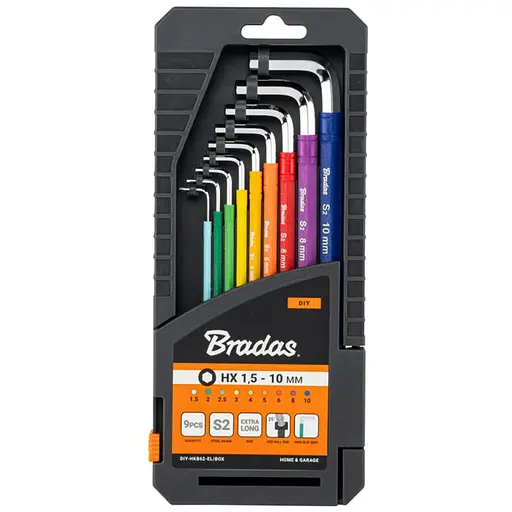 Набір шестигранних ключів Bradas з кулястим наконечником HX 1,5- 10 мм 9 шт подовжені, (DIY-HKB62-EL/BOX) - фото 1
