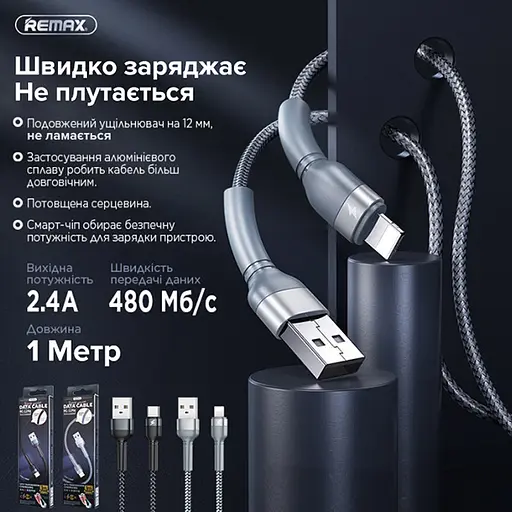 Дата кабель для зарядки айфонов REMAX USB - Lightning 8-pin Jany RC-124i Черный (1м) - фото 5