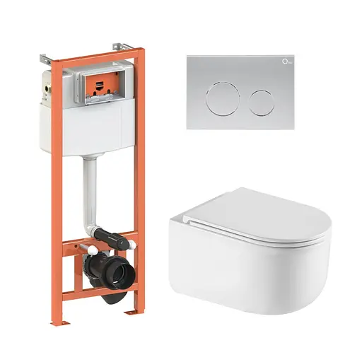 Подвесной унитаз Qtap Taurus Ultra Quiet + инсталляция Qtap Nest 4 в 1 (круглая клавиша Satin), Белый - фото 1