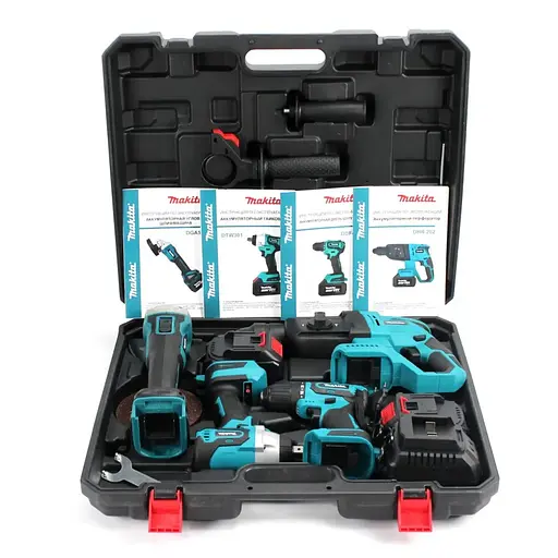 Набор электроинструментов Makita 4 в 1 Шуруповерт Гайковерт Перфоратор Болгарка два аккумулятора в кейсе 36Вт Синий с черным - фото 10