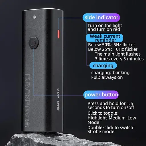 Велофара ROCKBROS RHL 400 мощная аккумуляторная USB 2000 mAh 400 LUM - фото 5