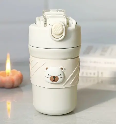 Термос детский  «Cute Bear» поилка с трубочкой нержавеющая сталь 420 мл Бежевый - фото 3