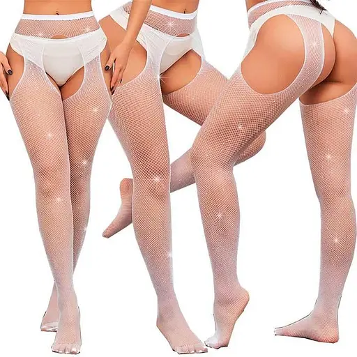 Колготки з вирізами та стразами еротичні блискучі Very Sexy One size білий - фото 6