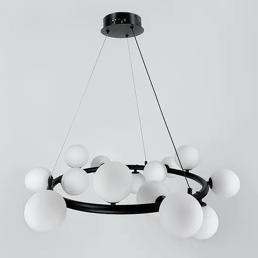 Кольцевая люстра с 15 белыми плафонами в черном корпусе Ø 85 см | Ст. AT32/15R BK+WT | Line F - фото 1