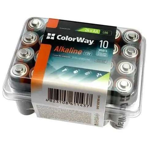Батарейка AA (LR6), щелочная, ColorWay Alkaline Power, 24 шт, 1.5V, Plastic box (CW-BALR06-24PB) - фото 1