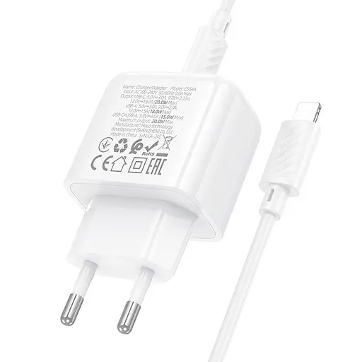 МЗП Hoco CS54A Surplus PD20W+QC3.0 (1USB-A/1C) + Type-C to Lightning White - фото 7