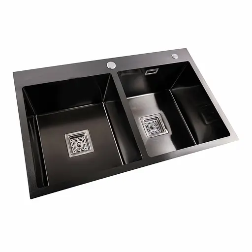 Кухонна мийка Platinum Handmade PVD HDB чорна 780x480x230 на дві чаші (квадратний сифон,3.0/1.0), Чорний - фото 2